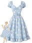 [Prévente] Robe bleu clair motif marguerites et décolleté cœur années 50
