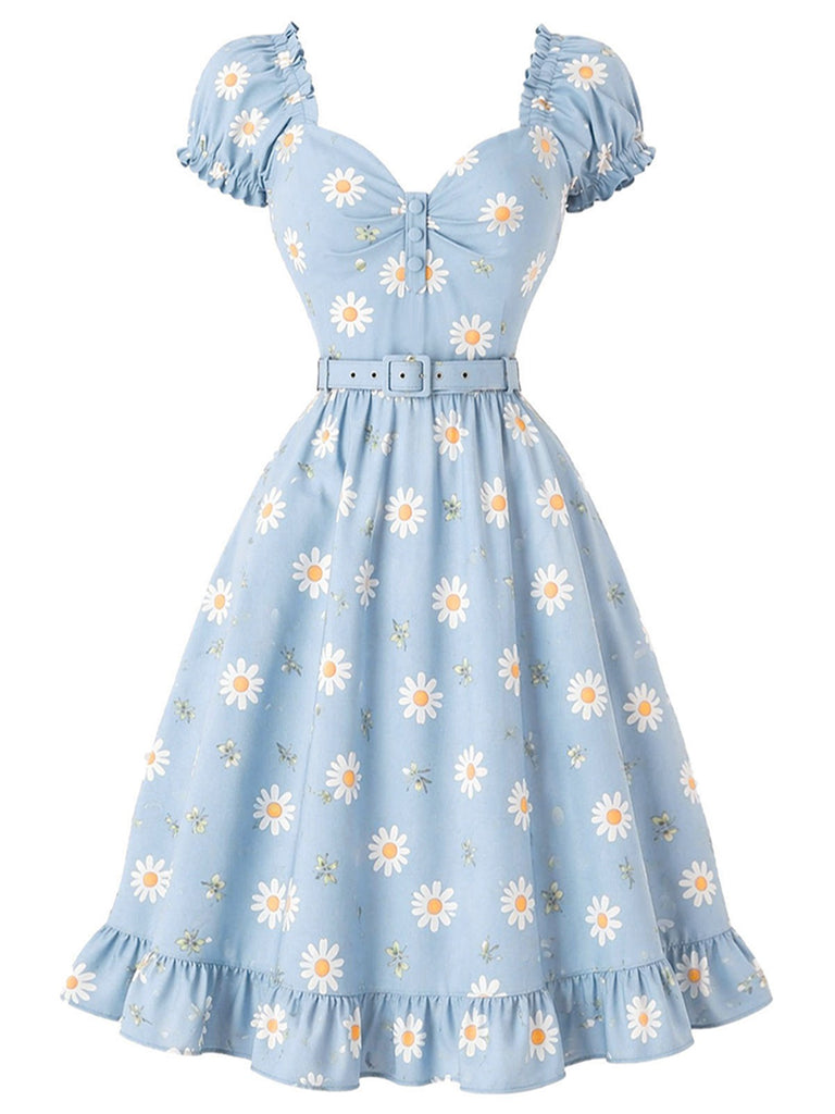 [Prévente] Robe bleu clair motif marguerites et décolleté cœur années 50