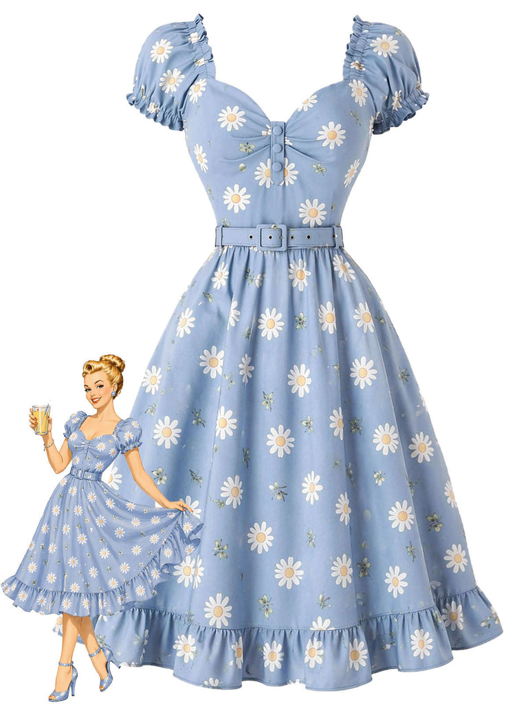 [Prévente] Robe Col Cœur Floral Marguerite Col Bleu Clair Années 1950