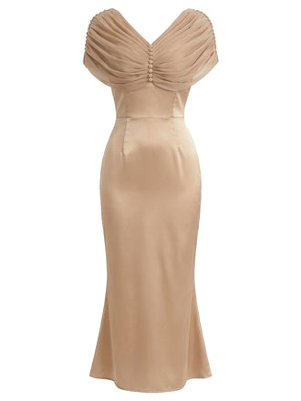 [Prévente] Robe Sirène Champagne Unie Froncée Col V Années 1930 2