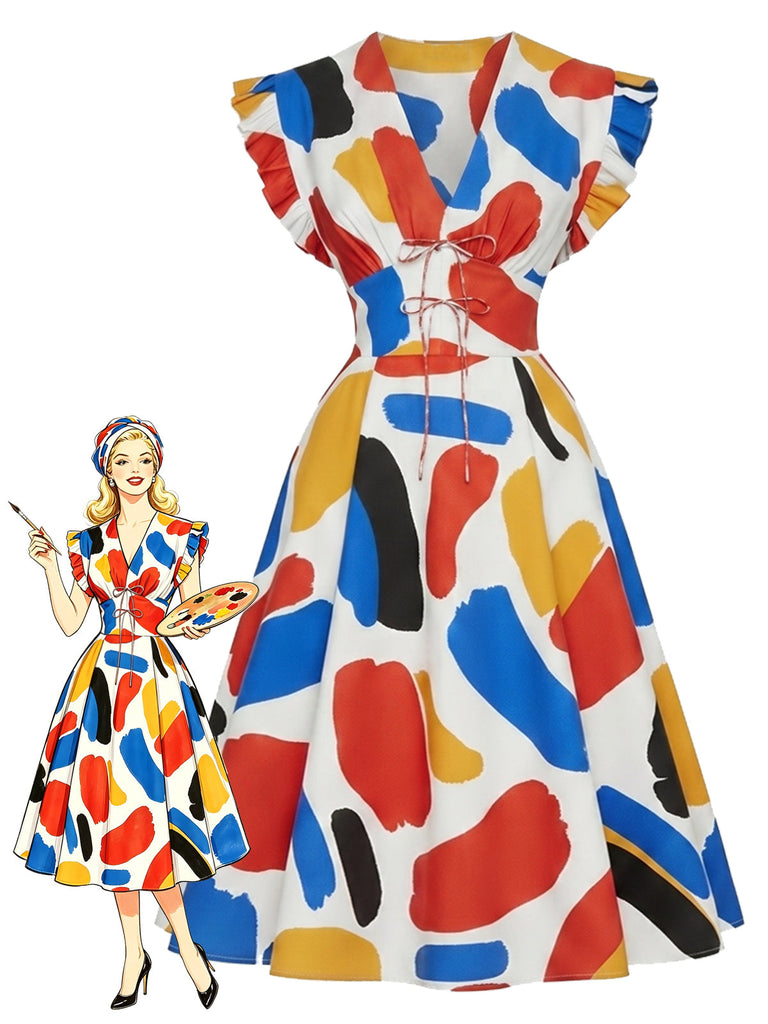 [Prévente] Robe Volant Évasé Abstrait Coup de Pinceau Imprimé Manche Années 1960
