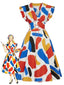 [Prévente] Robe évasée manches volants et motif coups pinceau abstraits années 60