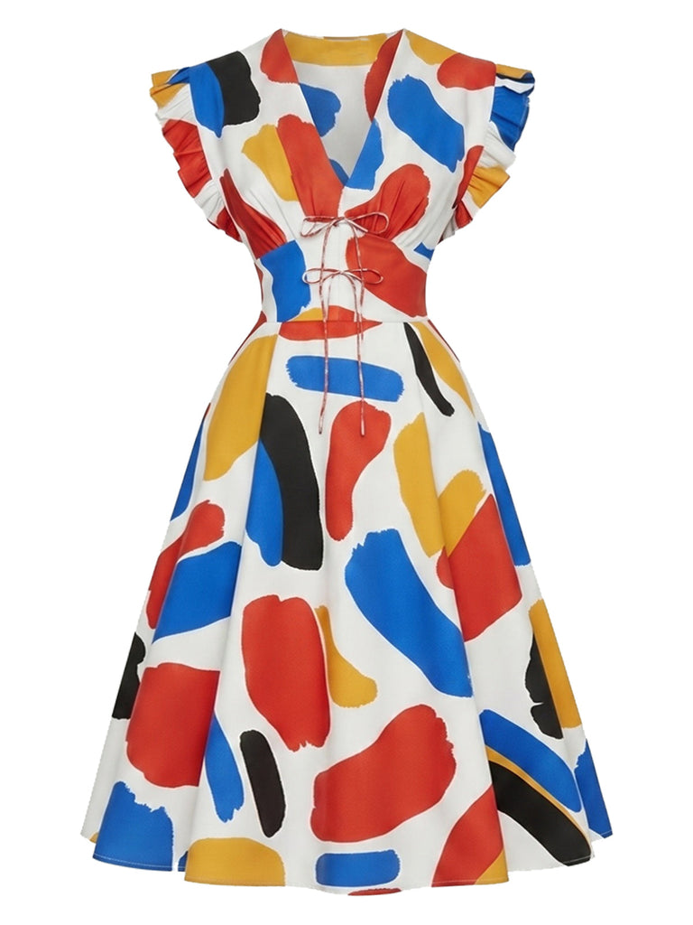 [Prévente] Robe Volant Évasé Abstrait Coup de Pinceau Imprimé Manche Années 1960 2