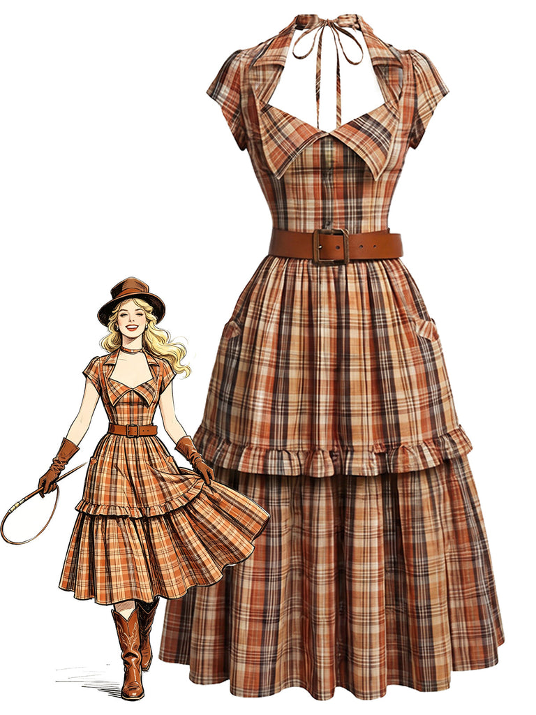 [Prévente] Robe Ceinturé Halter Col à Carreaux Cowgirl Ouvert Col Années 1970