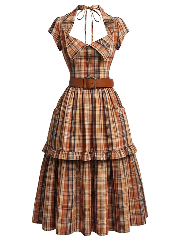 [Prévente] Robe Ceinturé Halter Col à Carreaux Cowgirl Ouvert Col Années 1970 2