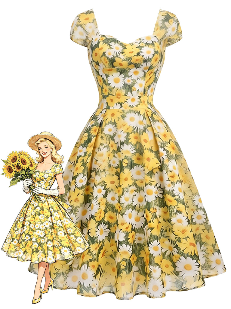 [Prévente] Robe Col Cœur Floral Évasé Marguerite Col Jaune Années 1950