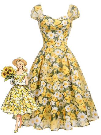 [Prévente] Robe Col Cœur Floral Évasé Marguerite Col Jaune Années 1950