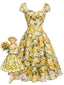 [Prévente] Robe évasée jaune motif floral et encolure cœur années 50