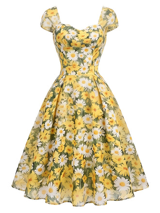 [Prévente] Robe Col Cœur Floral Évasé Marguerite Col Jaune Années 1950 2