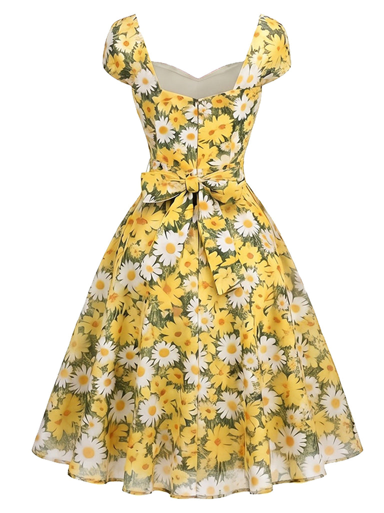 [Prévente] Robe Col Cœur Floral Évasé Marguerite Col Jaune Années 1950 3