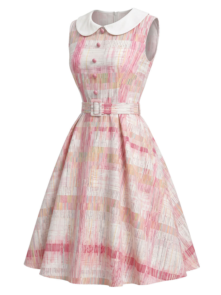 Robe rose carreaux sans manches col Claudine années 1950