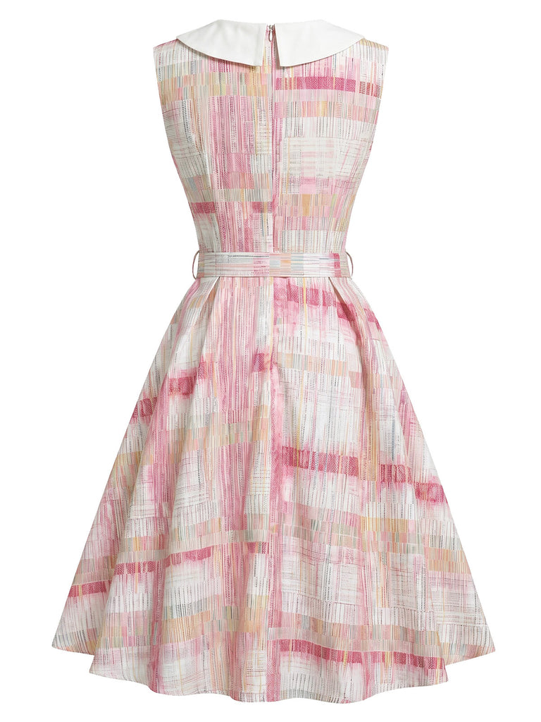 Robe rose carreaux sans manches col Claudine années 1950