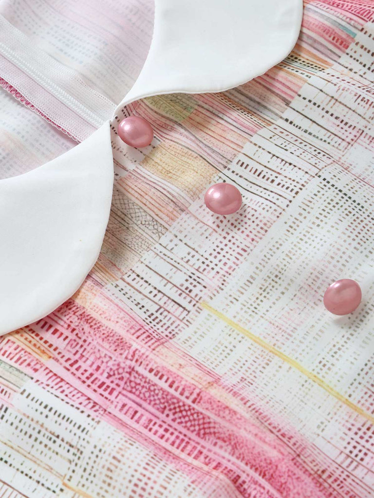 Robe rose carreaux sans manches col Claudine années 1950