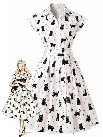 [Prévente] Robe chemisier cintrée motifs chats et pois années 1950