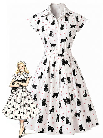 Robe chemisier cintrée motifs chats et pois années 1950