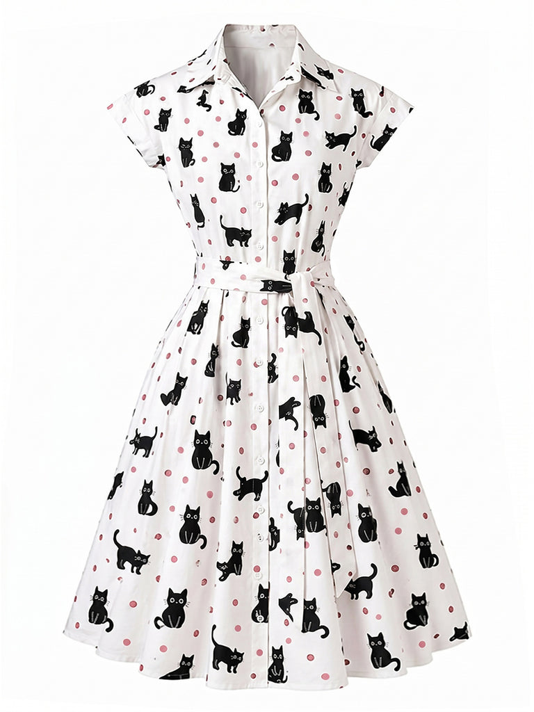 Robe chemisier cintrée motifs chats et pois années 1950