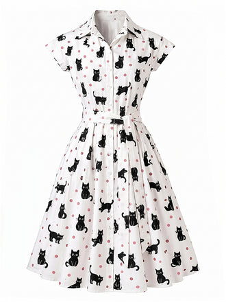 Robe chemisier cintrée motifs chats et pois années 1950