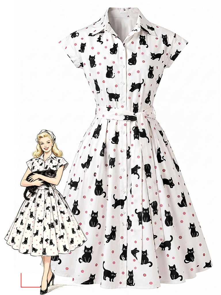 [Prévente] Robe Chat à Pois Ceinturé Chemise Années 1950