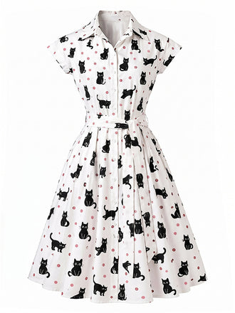 [Prévente] Robe Chat à Pois Ceinturé Chemise Années 1950 2