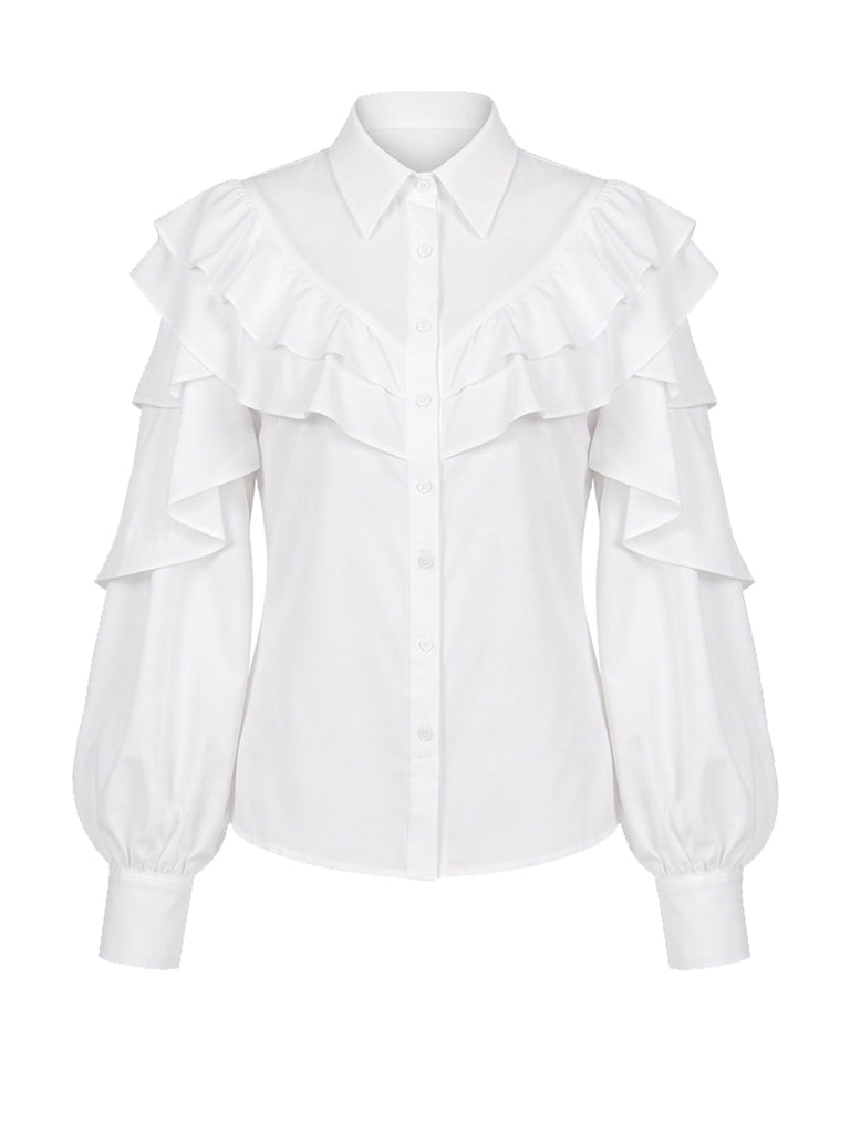 [Prévente] Blouse blanche à double volant, manches lanternes et empiècement années 1950