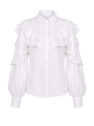 [Prévente] Blouse blanche à double volant, manches lanternes et empiècement années 1950