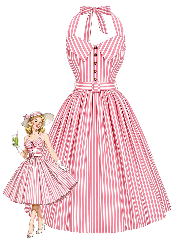 [Prévente] Robe Rose Rayé Halter Ceinturé Évasé Années 1950