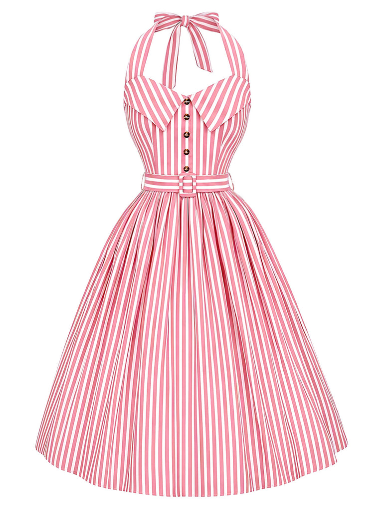 [Prévente] Robe Rose Rayé Halter Ceinturé Évasé Années 1950