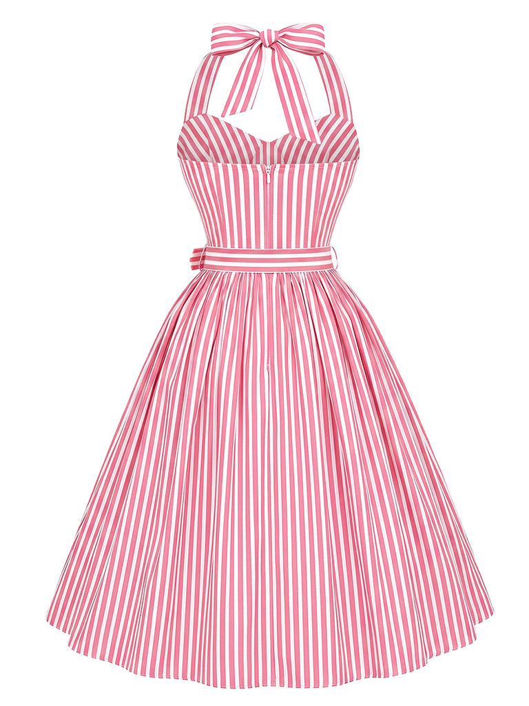 [Prévente] Robe Rose Rayé Halter Ceinturé Évasé Années 1950