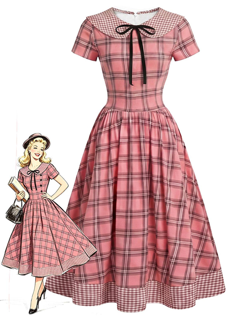 [Prévente] Robe carreaux col Claudine boutons et nœud années 1940