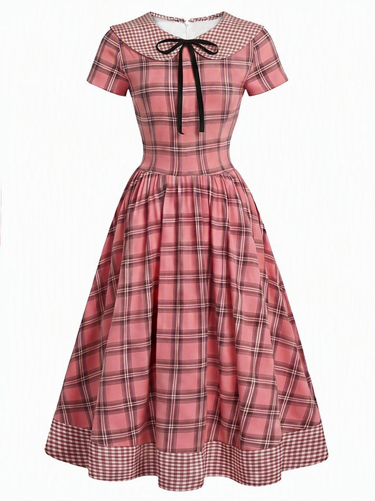 [Prévente] Robe carreaux col Claudine boutons et nœud années 1940