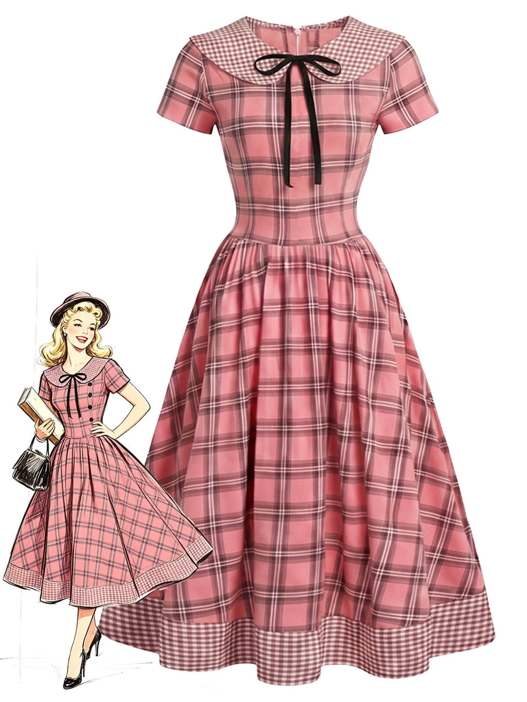 [Prévente] Robe à Carreaux Col Claudine Boutonnée avec Nœud Années 1940
