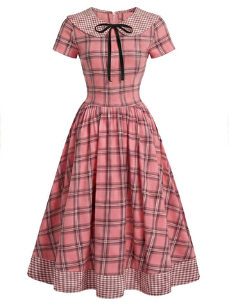 [Prévente] Robe à Carreaux Col Claudine Boutonnée avec Nœud Années 1940 2