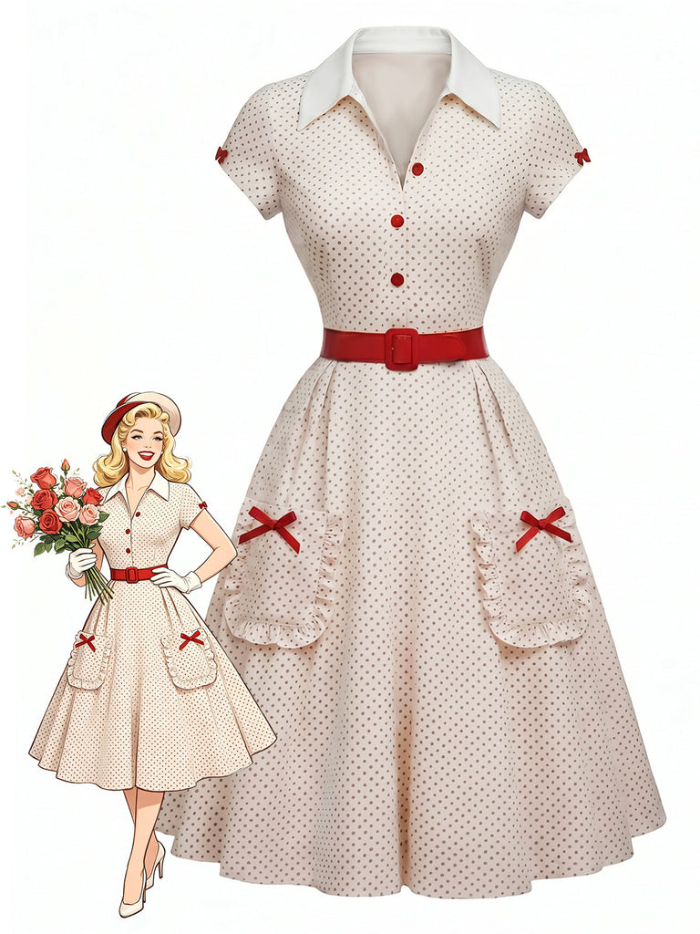 [Prévente] Robe blanche et rouge à pois, col V à revers et nœud Années 1950 - 1