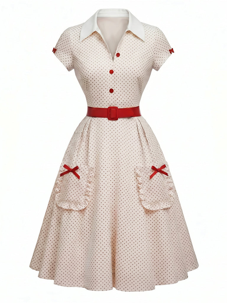 [Prévente] Robe blanche et rouge à pois, col V à revers et nœud Années 1950 - 2