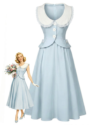 [Prévente] Robe trapèze bleu clair col Claudine années 40
