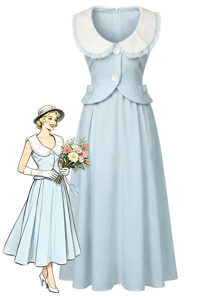 [Prévente] Robe Midi Bleu Clair Col Claudine en A Années 1940
