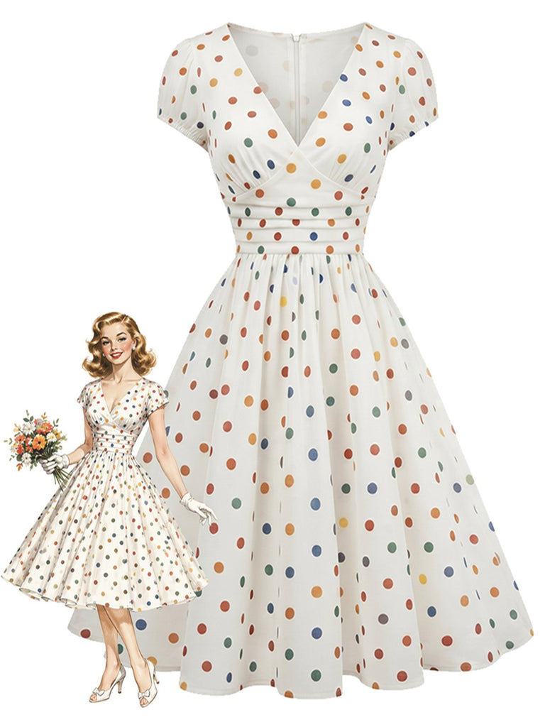 [Prévente] Robe Évasée Multicolore à Pois Col V Années 1950