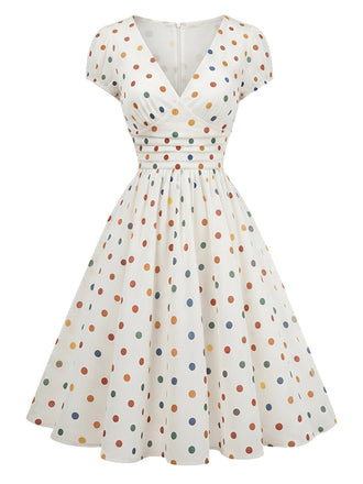 [Prévente] Robe Évasée Multicolore à Pois Col V Années 1950 2