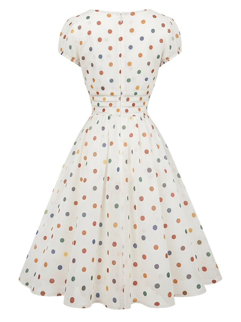 [Prévente] Robe Évasée Multicolore à Pois Col V Années 1950 3