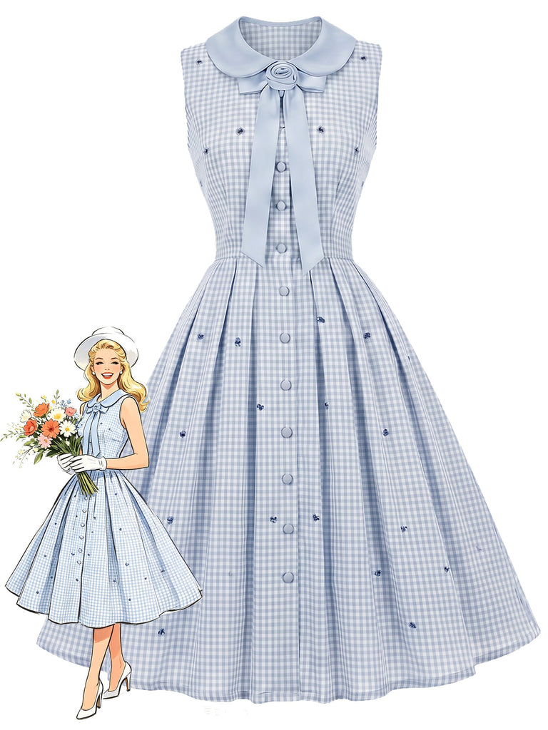 [Prévente] Robe bleu clair à carreaux, col Claudine et motif floral années 1950