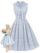 [Prévente] Robe bleu clair à carreaux, col Claudine et motif floral années 1950