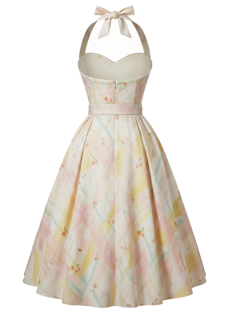 [Prévente] Robe Pastel Cerise Imprimé Dos Nu Ceinturé Évasé Années 1950 3