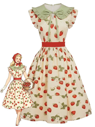 [Prévente] Robe Strawberry Volant Col Claudine Évasé Années 1950