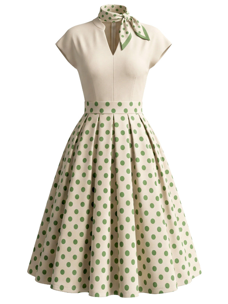 [Prévente] Robe Évasée Plissée à Pois avec Foulard en Soie Années 1950