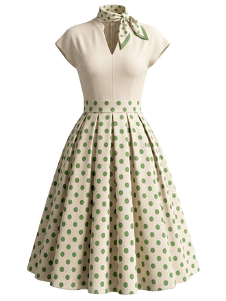 [Prévente] Robe Évasée Plissée à Pois avec Foulard en Soie Années 1950
