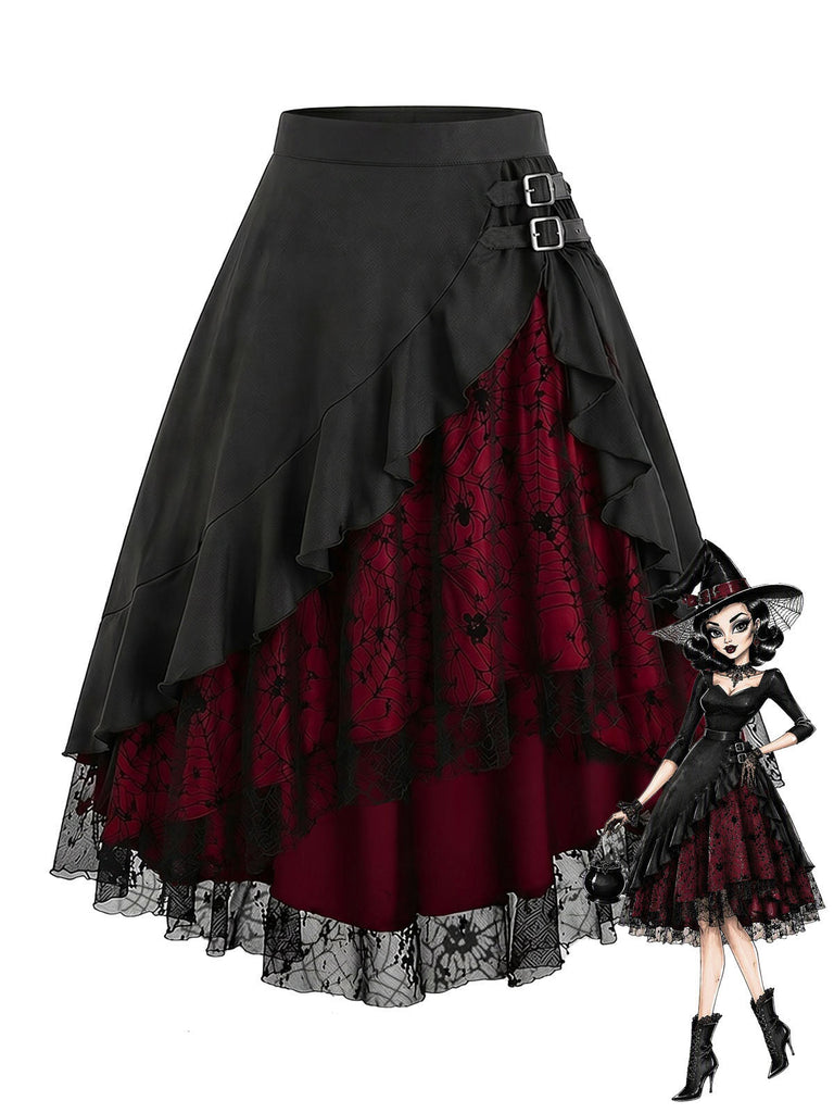 [Prévente] Jupe Noir Gothique Asymétrique Layered Spiderweb Dentelle Jupe Années 1970