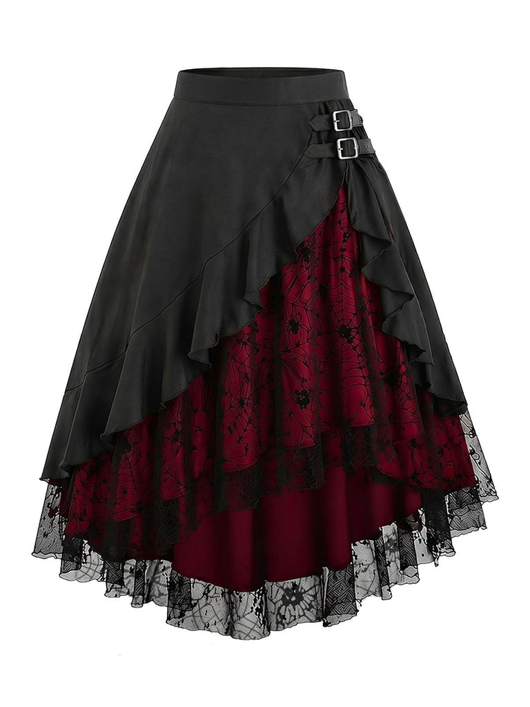 [Prévente] Jupe Noir Gothique Asymétrique Layered Spiderweb Dentelle Jupe Années 1970