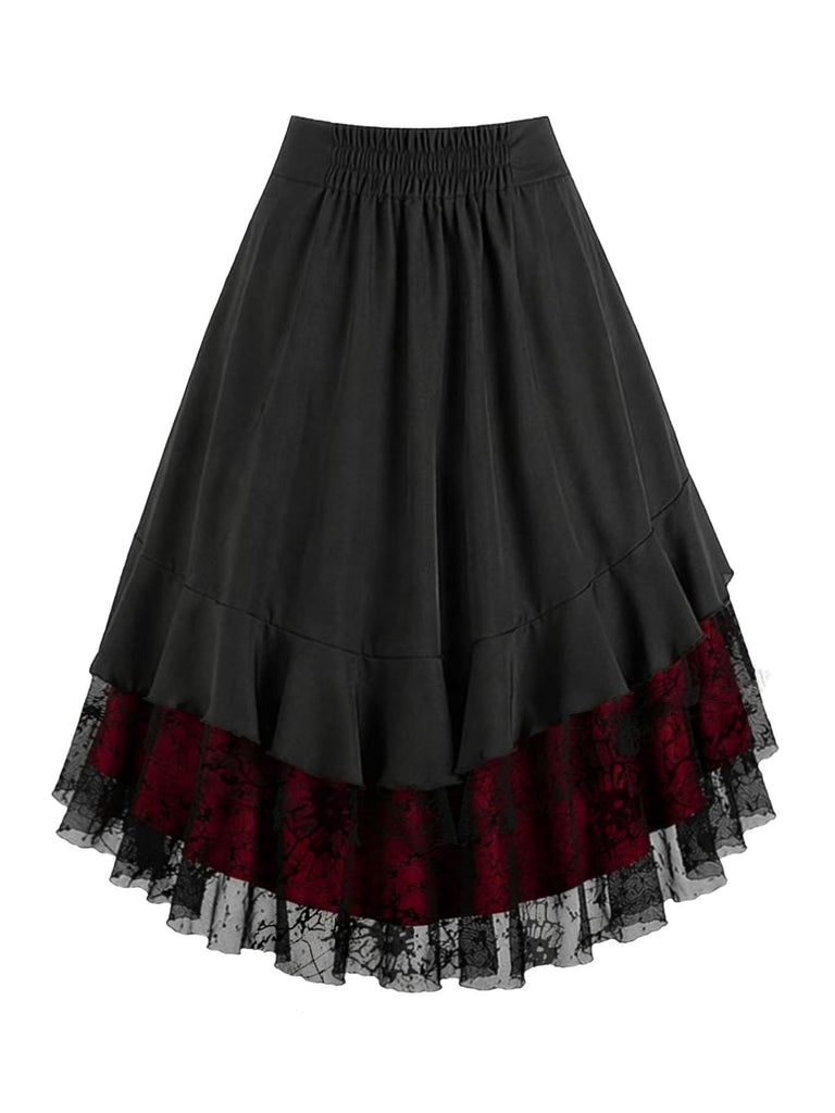 [Prévente] Jupe Noir Gothique Asymétrique Layered Spiderweb Dentelle Jupe Années 1970
