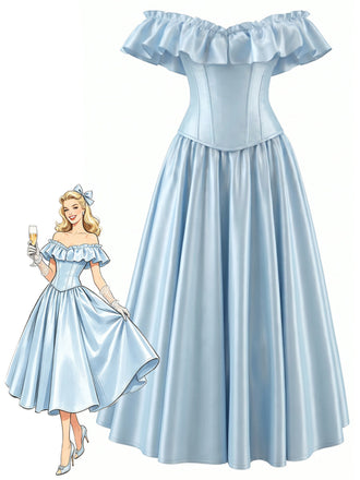 [Prévente] Robe Bleu Clair Volant Lustré Cintrée Années 1950