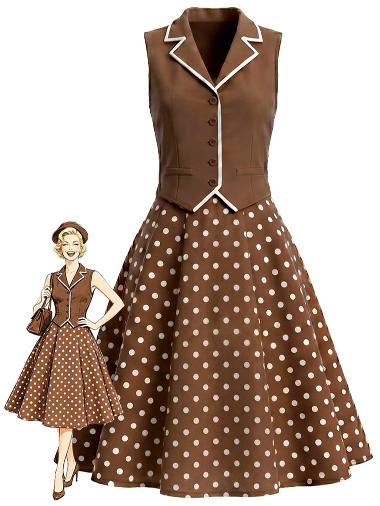 [Prévente] Robe Marron Faux Deux Pièces À Pois Années 1950